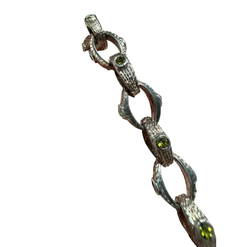 Vintage 1970s Brutalist Woodland Link Bracelet Green Rhinestones 8.5”